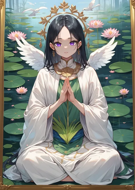 Painting of an angel sitting in a lotus position., Goddess of love and peace, bodhisattva, , queen , meditate , Gray eyes ,black hair , holding a round ball