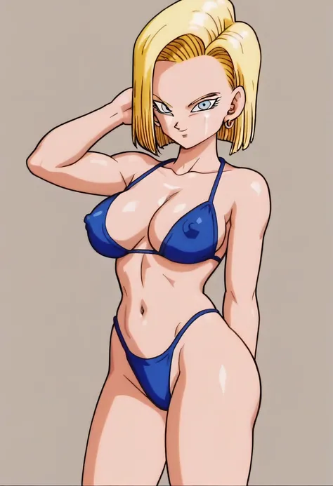 source_anime, score_9, score_8_up, score_7_up, anime screencap,
detailed face,Android 18, DragonBall, 1girl, solo, looking at viewer, short hair, blue eyes, blonde hair, nude, blue bikini, big breast, big ass, nipples, capsule corp,