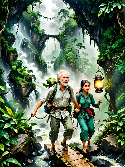 This is an exciting adventure theme picture，Demonstrated resilience in the face of adversity。The background of the picture is a dense rainforest，Depicts a middle-aged white man and a young Middle Eastern woman，Both were dressed in rough clothing，Getting re...