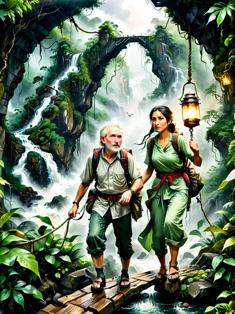 This is an exciting adventure theme picture，Demonstrated resilience in the face of adversity。The background of the picture is a dense rainforest，Depicts a middle-aged white man and a young Middle Eastern woman，Both were dressed in rough clothing，Getting re...