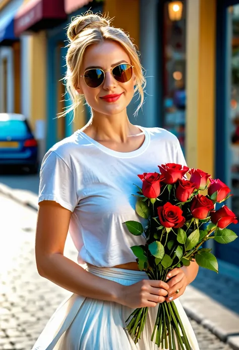 Detailed portrait of a beautiful woman walking down the street holding a bouquet of red roses, happy expression, Her blonde hair is tied up in a messy bun, (casual wear: 1.1), white t shirt, Long skirt in flowing summer material, sunglass on head. , Flower...