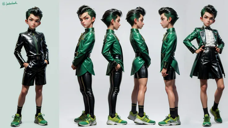 cute face boy, cute face, short height boy, wearing casual futuristic green color pent, green dress, full standing pose, Pompadour hairs, Pompadour  style hair, sports shoes, Character Sheet, 12 yo student, Full body, Simple white background, front pose ch...