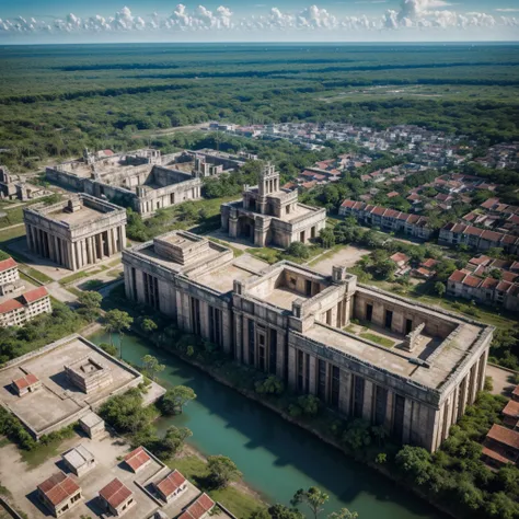 Aerial view of a Mayan city full of architecture from that time with aerial view.