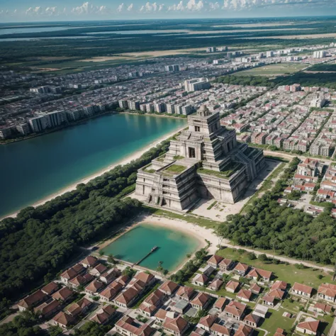 Aerial view of a Mayan city full of architecture from that time with aerial view.