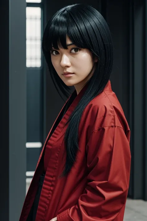 a woman with black hair with straight bangs in the style of Jujutsu Kaisen