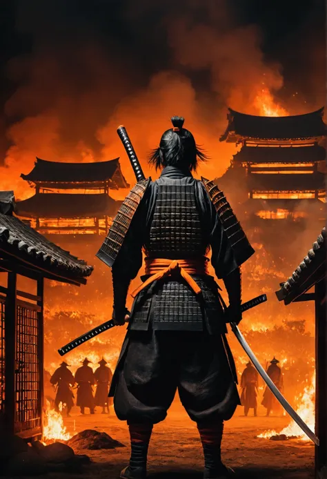 a samurai standing in foreground showing his back holding katana and watching towars the village burning and few people are inside the cages, the atmosphere is dark and scary, the tone is orange