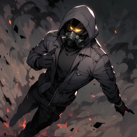 (well done:1) man, completely dark skin, black gas mask, gray jacket with a hood, black long-sleeved shirt, black gloves, black pants, black boots.