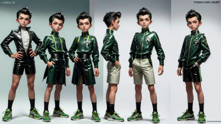 cute face boy, cute face, short height boy, wearing casual futuristic green color pent, green dress, full standing pose, Pompadour hairs, Pompadour style hair, sports shoes, Character Sheet, 12 yo student, Full body, Simple white background, front pose cha...