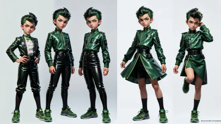 cute face boy, cute face, short height boy, wearing casual futuristic green color pent, green dress, full standing pose, Pompadour hairs, Pompadour style hair, sports shoes, Character Sheet, 12 yo student, Full body, Simple white background, front pose cha...