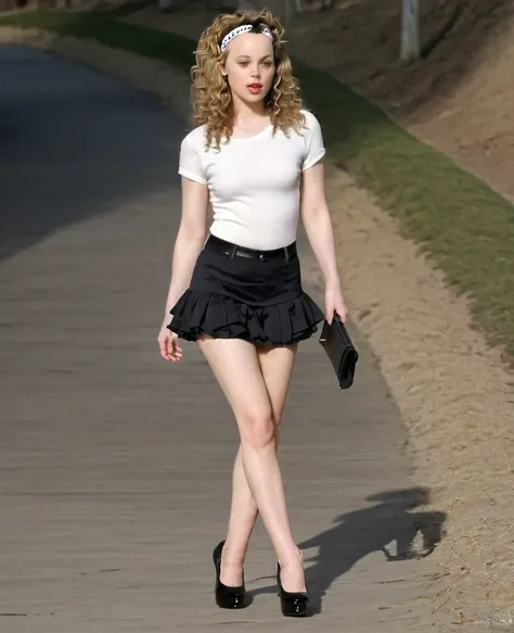 Melissa  George,  very long puffy curly hair,  head band,  very tiny miniskirt,  pantyhose,  high heels,  sun shiny day 