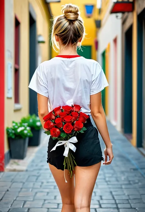 Rear view of a person walking down the street holding a bouquet of red roses, Detailed description of a young and beautiful woman, Happy expression of beautiful 20 year old young woman with pale skin, Her blonde hair is tied up in a messy bun, (casual wear...