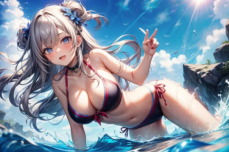 masterpiece, best quality, high quality, detailed, ultra detailed, hyper detailed, insanely detailed, exquisite, beautiful, FHD, Full-HD, 4K, 8K, 16K, highres, absurdres,summer girls!!,swim suit,(dynamic angle)