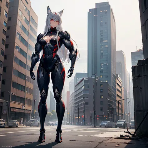 (Fox Girl, Fox Ears, Silver Hair, Fox Makeup, One Girl, Long Hair, Alone on the screen, dark skin, High definition:1.6), (mecha musume, Machinery Parts,Robot Joints, White and red clothes, Full body mechanical suit:1.8), (Body measurements are 75-60-75!, Y...