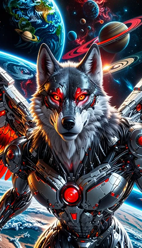 a cyborg wolf digital muscular flying over outer space red eyes the planet earth there in the background and the planet saturn t...