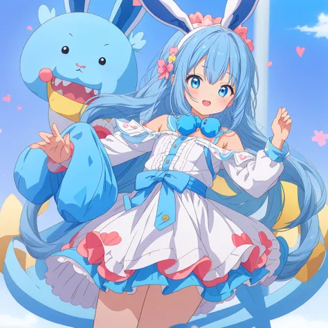 1girl,anime、A little kid wearing a blue rabbit costume、Cute pose