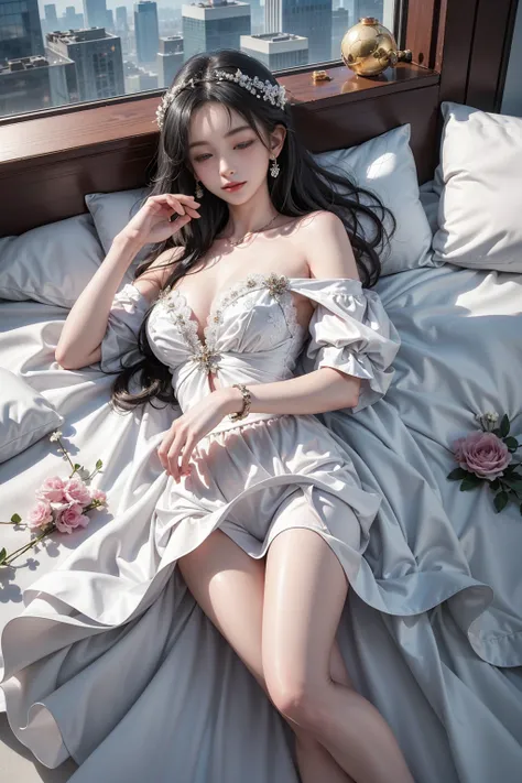 （(Girl lying on bed))、Beauty、 One Girl、alone、Long Hair、Viewer、smile、（Eyes closed)、hair ornaments、、gem、Gray Hair、Shut your mouth、Blunt banganicure、bracelet、lips、Grey Eyes、Portraiture、Red nails、close、赤いlips、Put your hands on your face、Place your hand on your...