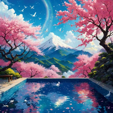 Cherry-blossom viewing、Pool、happiness、birdie、night、rainbow、Mountain、cloud