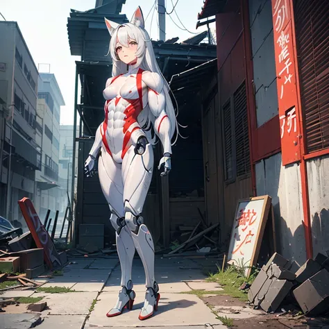 (Fox Girl, Fox Ears, Silver Hair, Fox Makeup, One Girl, Long Hair, Alone on the screen, dark skin, High definition:1.6), (mecha musume, Machinery Parts,Robot Joints, White and red clothes, Full body mechanical suit:1.8), (Body measurements are 75-60-75!, Y...