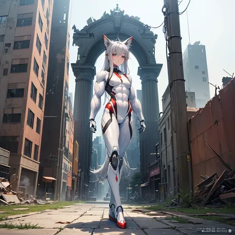 (Fox Girl, Fox Ears, Silver Hair, Fox Makeup, One Girl, Long Hair, Alone on the screen, dark skin, High definition:1.6), (mecha musume, Machinery Parts,Robot Joints, White and red clothes, Full body mechanical suit:1.8), (Body measurements are 75-60-75!, Y...