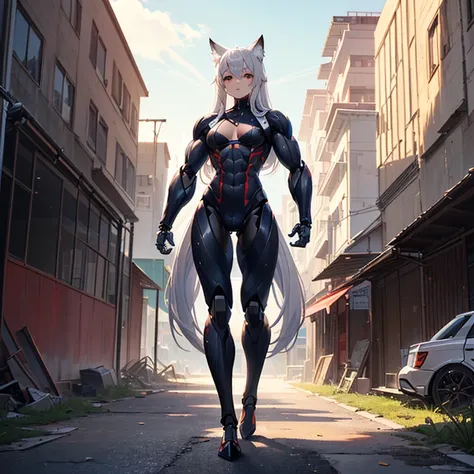 (Fox Girl, Fox Ears, Silver Hair, Fox Makeup, One Girl, Long Hair, Alone on the screen, dark skin, High definition:1.6), (mecha musume, Machinery Parts,Robot Joints, White and red clothes, Full body mechanical suit:1.8), (Body measurements are 75-60-75!, Y...