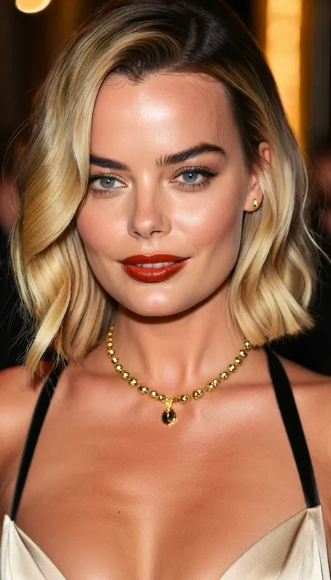 (closeup:1.2) photo of a gorgeous Margot Robbie, (age 20:1.1), (glossy oiled skin:0.7), sublime dominant (sultry seductive:1.1) (smirk:0.1), pretty face, (makeup:0.1), (piercing bright eyes:0.7),( classy:0.4) (low_plunge plunging:0.8) (gold:0.55) (nude:1.1...