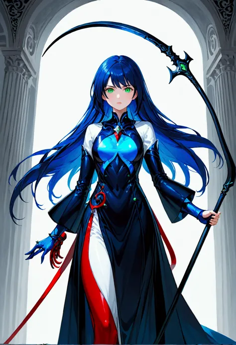 Girl with dark blue hair, green eyes,tall rectangular body figure, mature, holding a big scythe