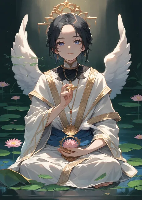 Painting of an angel sitting in a lotus position., Goddess of love and peace, bodhisattva, , queen , meditate , Gray eyes ,black hair , holding a clear sphere
