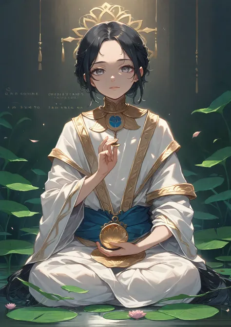 Painting of an angel sitting in a lotus position., Goddess of love and peace, bodhisattva, , queen , meditate , Gray eyes ,black hair , holding a clear sphere
