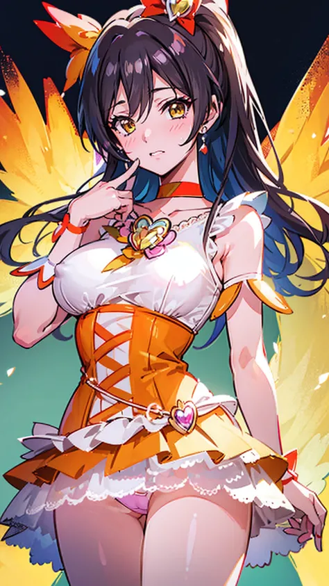 whole body,girl,lift underwear,nipple,nsfw,cure pine,fresh_pretty_cure_Cosplay, pretty cure clothes, (clothing)yellow dress,orange skirt,white frills,white pantie,low angle,BREAK,high leg,crotch,(((embarrassed,long hair))),shirase_sakuya/(idol_m@ster/),bla...