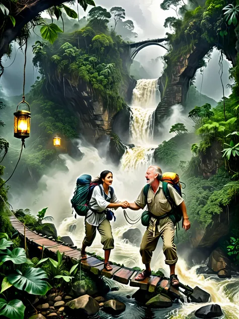 This is a picture full of exciting jungle adventure theme，Demonstrated resilience in the face of adversity，The background of the picture is a dense rainforest，Depicts a middle-aged white man and a young Middle Eastern woman，Both were dressed in rough cloth...