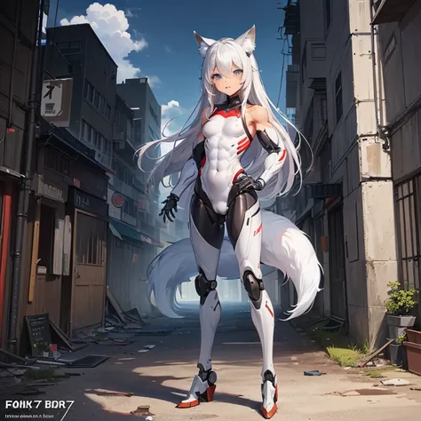 (Fox Girl, Fox Ears, Silver Hair, Fox Makeup, One Girl, Long Hair, Alone on the screen, dark skin, High definition:1.6), (mecha musume, Machinery Parts,Robot Joints, White and red clothes, Full body mechanical suit:1.8), (Body measurements are 75-60-75!, Y...