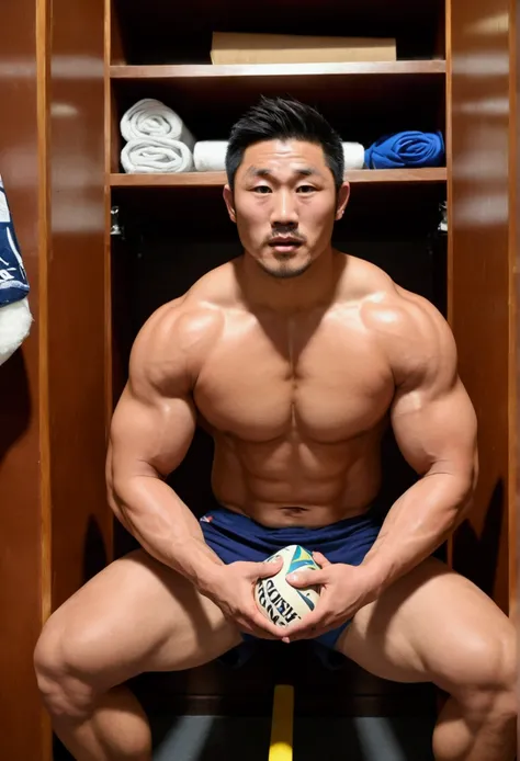 Naughty man、30 years old、Beautiful muscular Japanese man、Professional rugby player、Squatting without underwear、Large pectoral muscles、Quite fat、Big Ass、Upper body naked、Sports、Shaving、Sharp Eye、Indoor shooting、locker room