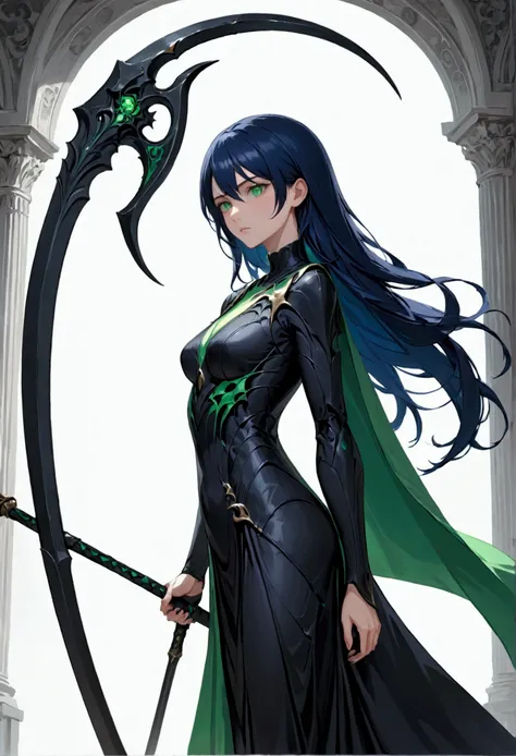 Girl with dark blue hair, green eyes,tall rectangular body figure, mature, holding a big death scythe