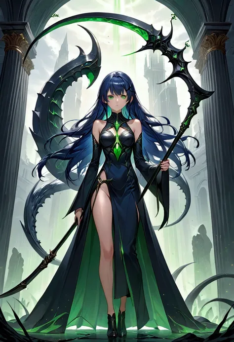 Girl with dark blue hair, green eyes,tall rectangular body figure, mature, holding a big death scythe