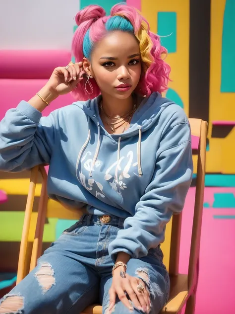 Close -up,woman sitting on a chair with a cup of coffee in her hand, in style of nadine ijewere, stylish pose, on a bright day, 🤬 🤮 💕 🎀, sitting down casually, edited, rich colourful, with a cool pose, young lady, * colour splash *, brightly coloured, colo...