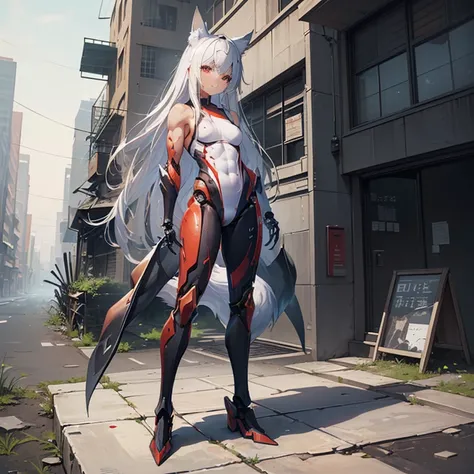 (Fox Girl, Fox Ears, Silver Hair, Fox Makeup, One Girl, Long Hair, Alone on the screen, dark skin, High definition:1.6), (mecha musume, Machinery Parts,Robot Joints, White and red clothes, Full body mechanical suit:1.8), (Body measurements are 75-60-75!, Y...