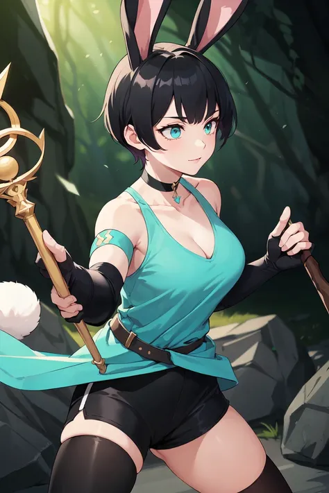 ((Highest quality)), ((masterpiece)), (detailed)　｛{{Slender female RPG witch}}｝　Shorts　{{Décolletage}}　{{white and cyan robe, With tights, rabbit ears and tail.}}　Mature Woman　((Combat Stance with a staff))　Long fingerless gloves　Black tights　{{Inside of a...