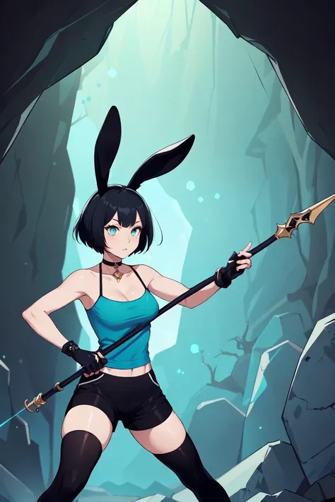 ((Highest quality)), ((masterpiece)), (detailed)　｛{{Slender female RPG witch}}｝　Shorts　{{Décolletage}}　{{white and cyan robe, With tights, rabbit ears and tail.}}　Mature Woman　((Combat Stance with a staff))　Long fingerless gloves　Black tights　{{Inside of a...