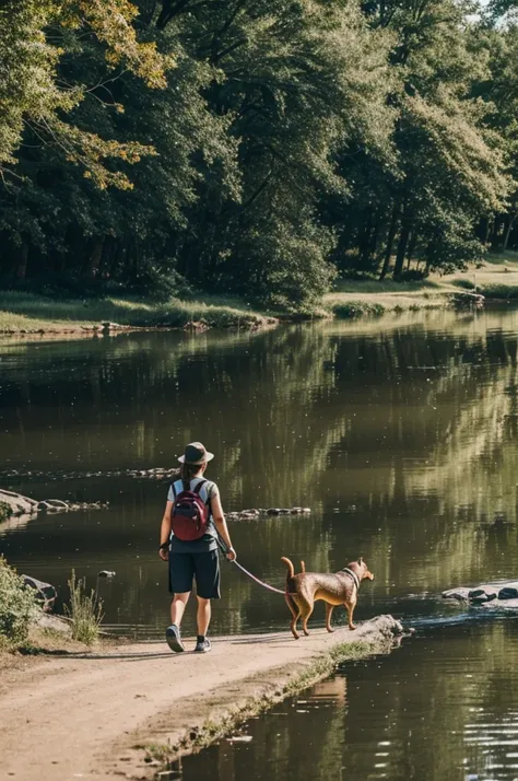 A small woman walking a dog, fighting with a giant snake near a lake