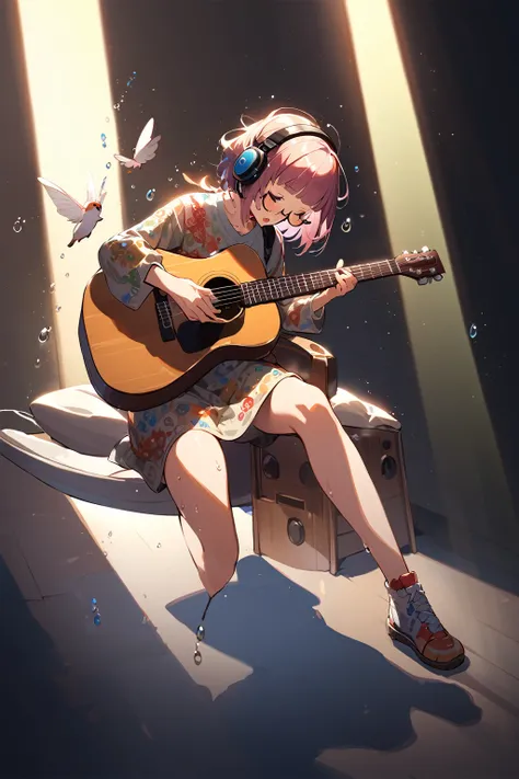 (extremely detailed fine touch:1.3), (((semi-rimless eyewear:1.3))), (headphone:1.2), short hair, blunt bangs, 1 girl, full body, shirt, playing guitar, sing a song, fluttering hair, sweat droplets, spotlight, simple background, 