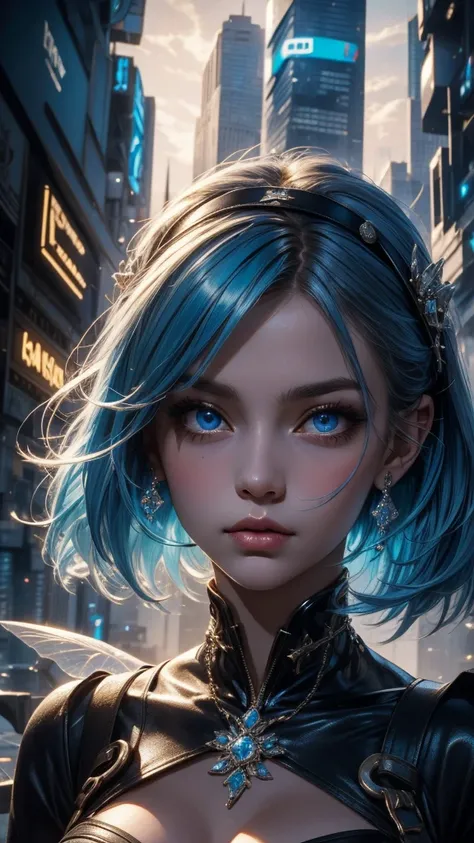 Close-up waist-up portrait of Cinderella reimagined in a cyberpunk setting, (blue hair), (bob hair), (blue eyes), modern dress infused with holographic elements. She exhibits a seductive and charming demeanor, with eyes that hold a mesmerizing look. Her ba...