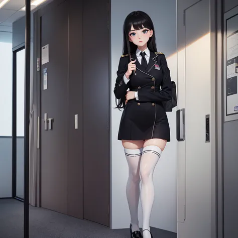 best quality, Full body portrait, Delicate face, pretty face, big eyes: 1.1, cosmetics: 1.2, 25 year old female, slim, Small bust, OL uniform, Female white-collar uniforms, office, black stockings, Exterior, Permanent, long hair, exposed, exposed, exposed