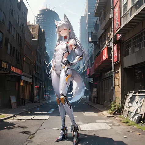 (Fox Girl, Fox Ears, Silver Hair, Fox Makeup, One Girl, Long Hair, Alone on the screen, dark skin, High definition:1.6), (mecha musume, Machinery Parts,Robot Joints, White and red clothes, Full body mechanical suit:1.8), (Body measurements are 75-60-75!, Y...