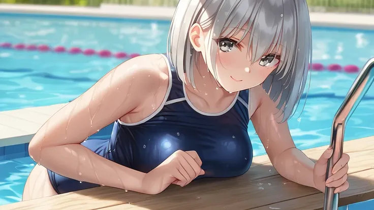 very cute and beautiful girl, (highly detailed beautiful face), (blue school swimsuit), sweat, wet, waterdrop, school swimming pool, looking at viewer, (platinum silver hair:1.5), (airy bob cut:1.6), (bang between eyes:1.4),  (glossy silver eyes:1.5), larg...