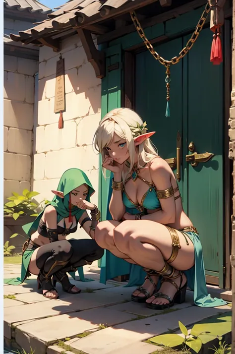 1 edge, Full-body art, elf chained, border, elf girl in shackles, Squat, on the knees, knees on the ground, bikini, camel&#39;s foot, medium breast, girl chained , chains, Knees spread, Shy and embarrassed facial expression, crowded market