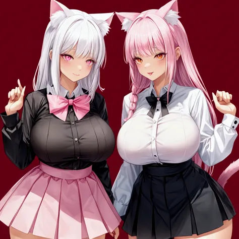 A cat girl in a pink shirt with white hair, black skirt and a pink bow with cat ears and a white tail (with breasts1:big ones) 