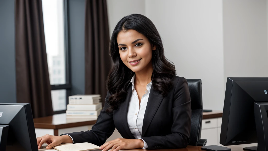 raia, a beautiful girl in a professional office setting, black hair, looking at viewer, elegant red business attire, gentle expression, full smile, professional and efficient, office supplies, warm lighting, photorealistic, highly detailed, cinematic compo...