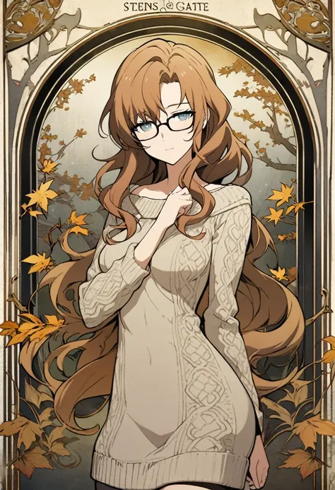 1girl, kiryuu moeka, steins;gate, glasses, art nouveau style, autumn forest, cozy sweater dress, masterpiece, best quality, absurdres, ornate frame, flowing lines, organic shapes, decorative elements, golden leaves, whimsical trees, intricate patterns, mut...