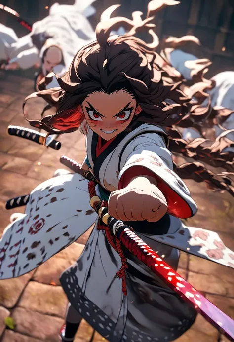 Demon Slayer screenshot of a girl with long brown hair, small smile, completely red eyes, white haori, uniform hashira, With getas, white socks, white katana, full body view, Full body photo, Demon Slayer style screenshot, Ufutable Studios