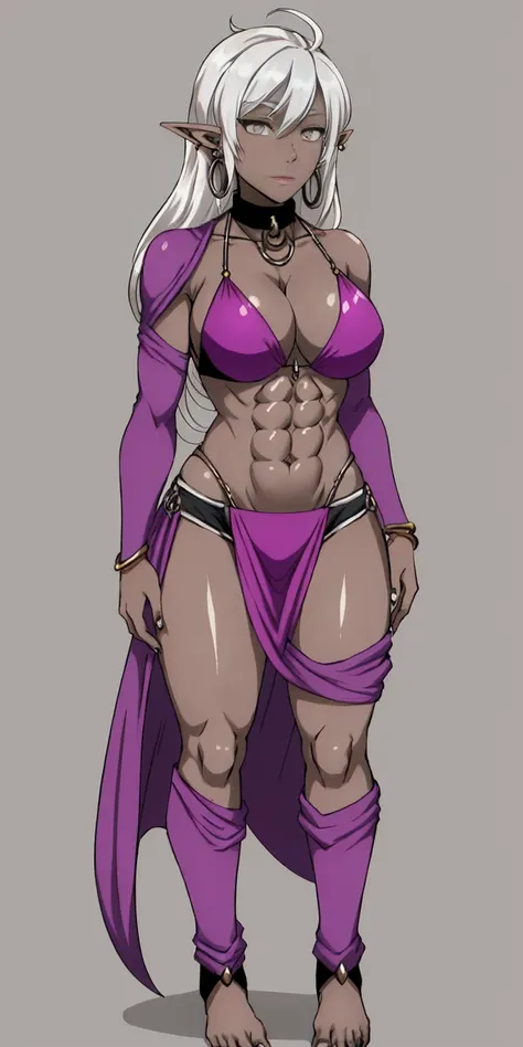 Appearance
Gender: Female
Age: Mature
Race: Drow (elf with dark skin and white hair)
Height: Full-body
Skin: Gray
Skin: Gray
Background: Plain Gray
Eyes: Purple
Attire: Bikini, revealing abdominal muscles
Accessories: Large earrings, ragged rags, chain nec...